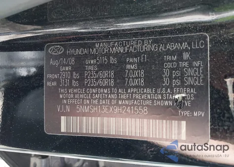 2009 Hyundai Santa Fe Limited z USA, uszkodzony, nr VIN 5NMSH13EX9H241558